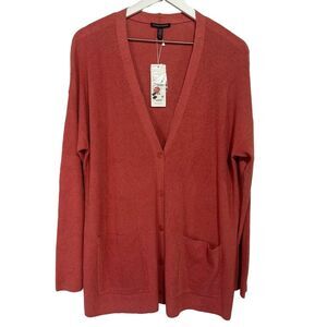 Eileen Fisher Boyfriend Cardigan Sweater Womens Medium Salmon Pink Linen Blend